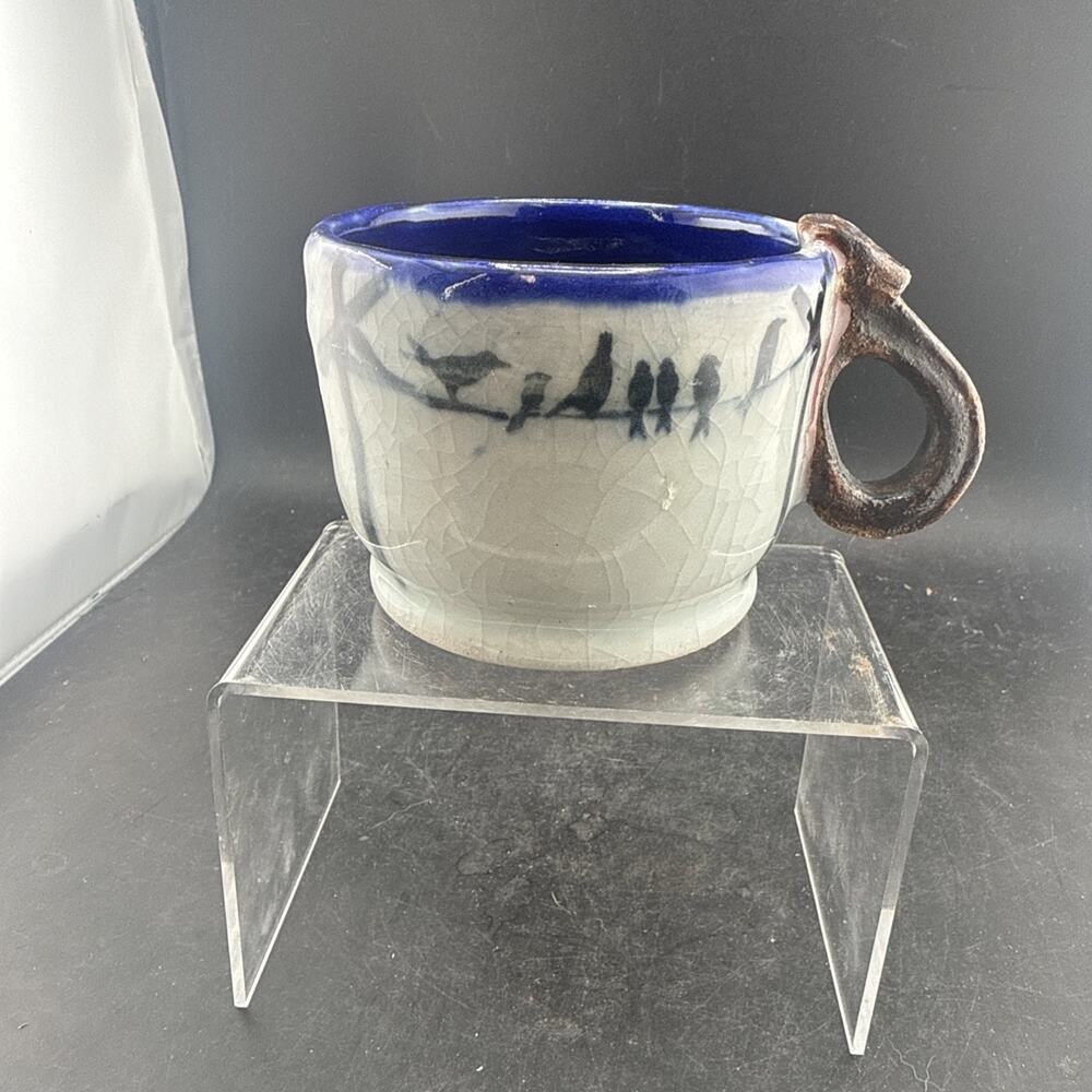 Vintage Studio Art Pottery Mug Blue Rim Hand Painted Birds Clay Loop Handle Cup